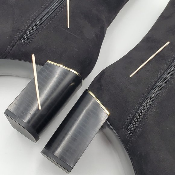 Zara Velvet Booties Gold Trimmed Block Heels - Picture 14 of 16